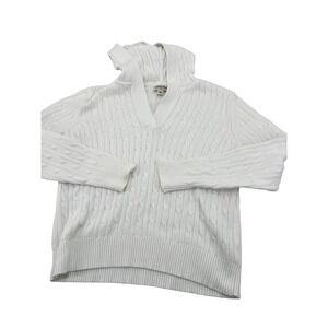 St Johns Bay Petite Cable Knit V Neck Hoodie White Cotton Sweater PL preppy